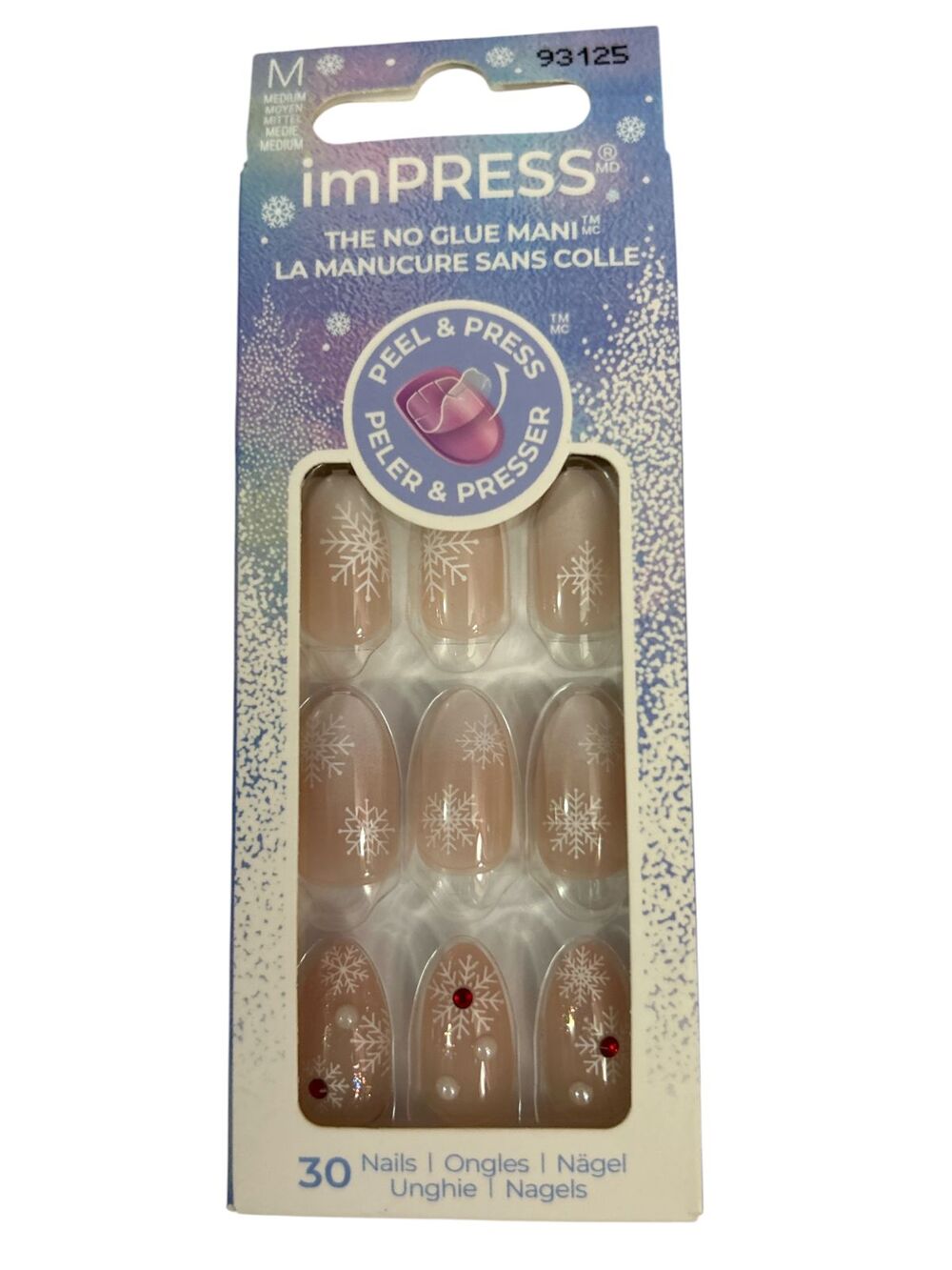 imPRESS Press-On Manicure Timeless Carols Medium Nails – 30 Ct Winter Snowflakes